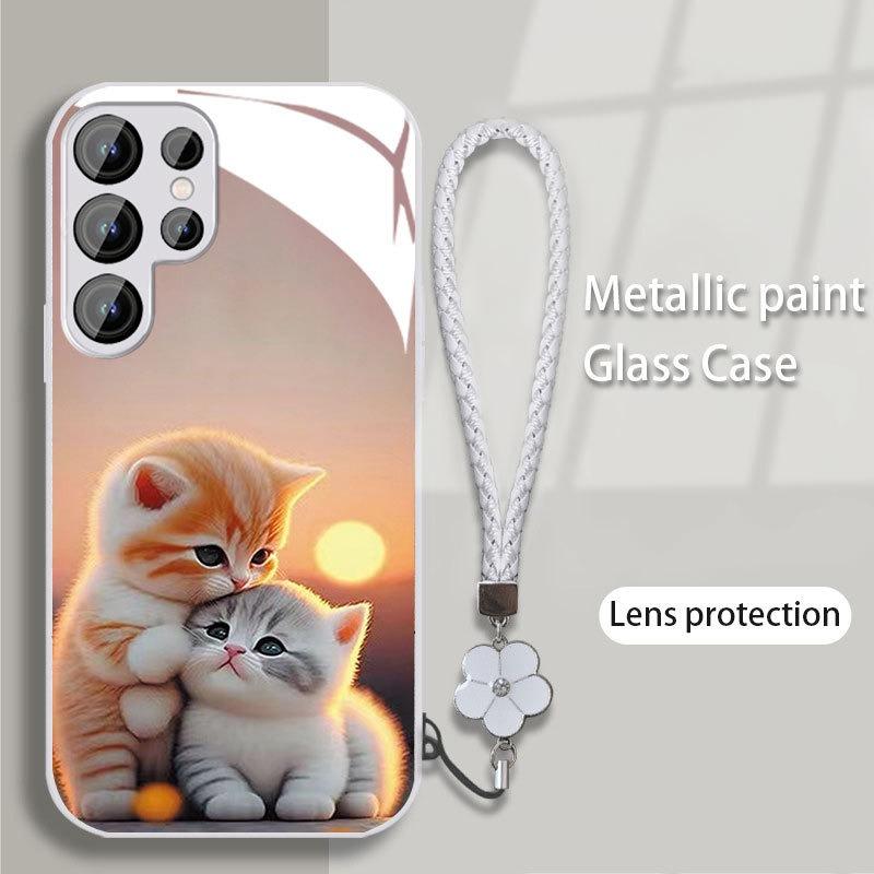 Кошки Подходящий для Samsung S24PLUS Чехол для мобильного телефона S23 Девушки S22 Приятный для кожи A52 Стеклянный чехол A54 Все включено A14