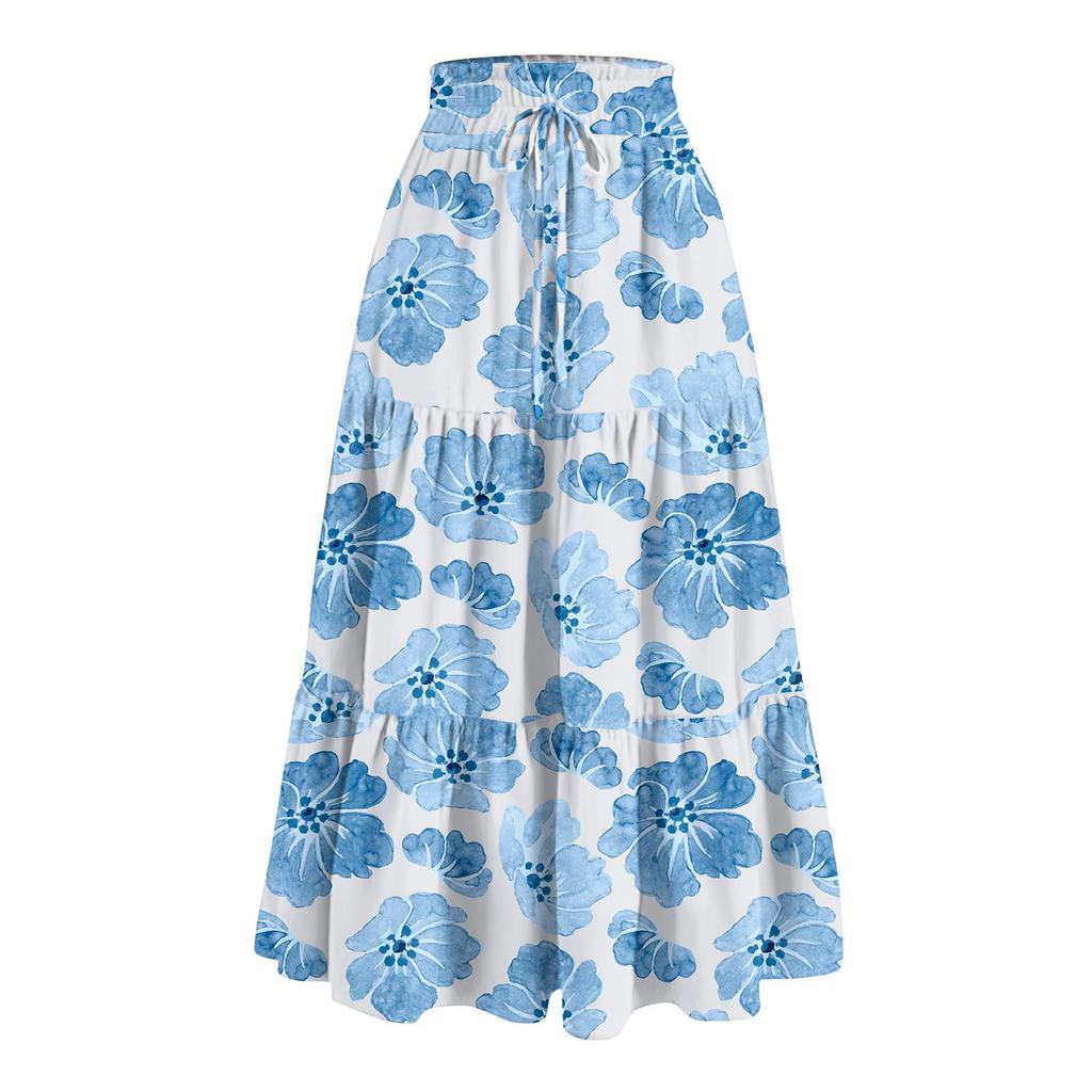 Women's Ruffled Spring Casual Long Skirt Plain Color Skirt Retro Pleated Skirt