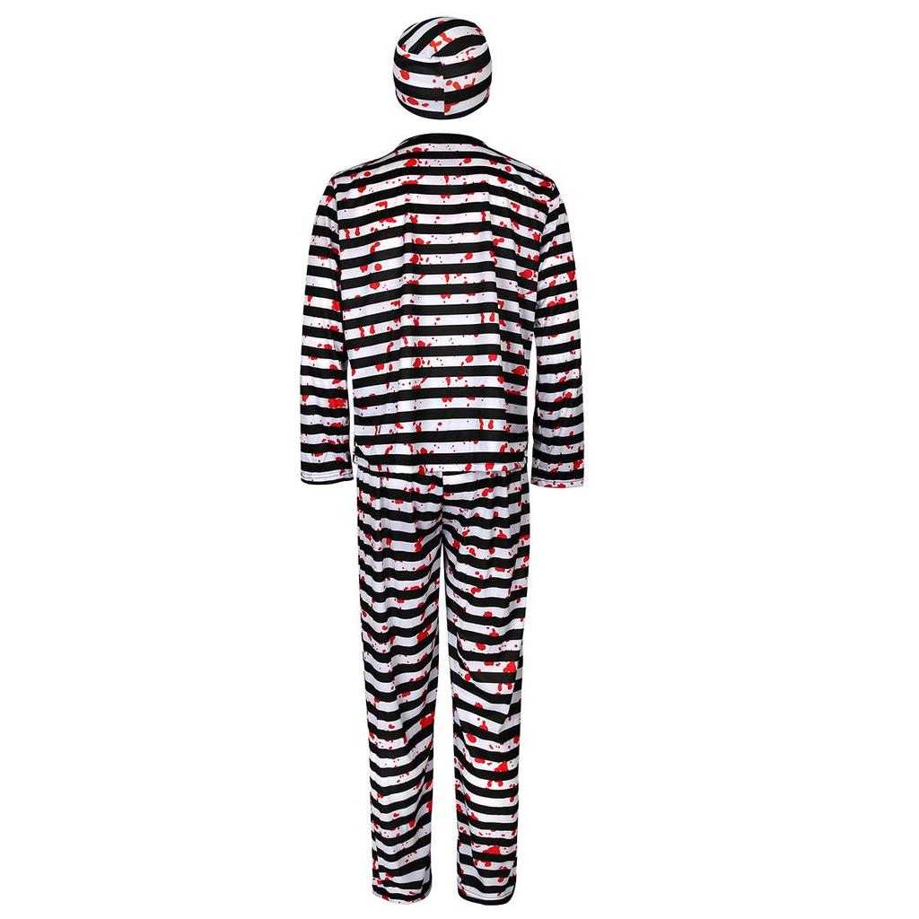 Полосатый костюм заключенного на Хэллоуин для детей и взрослых - Тема ужасов для Фестиваля призраков с дизайном пятен крови