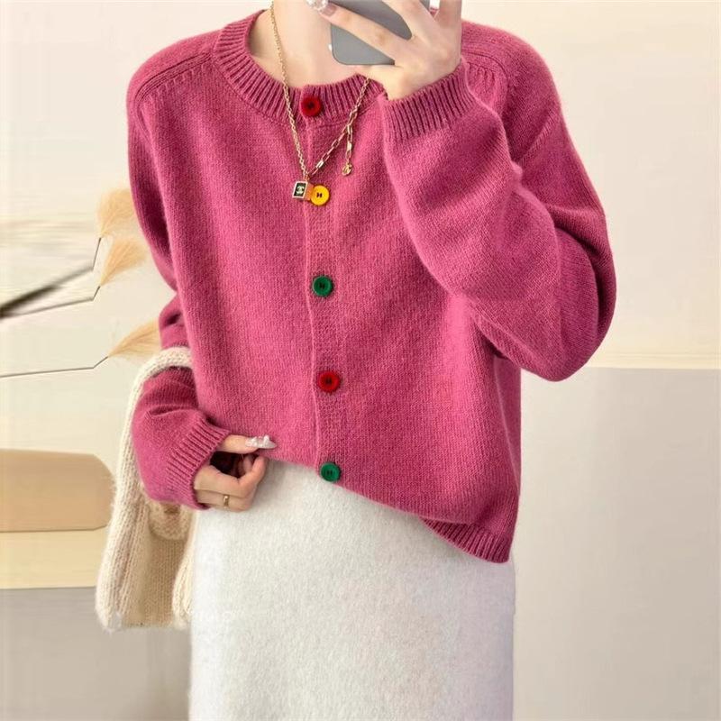 Autumn and Winter Short Sweater for Women Korean Color Button Round Neck Knitted Cardigan for Women