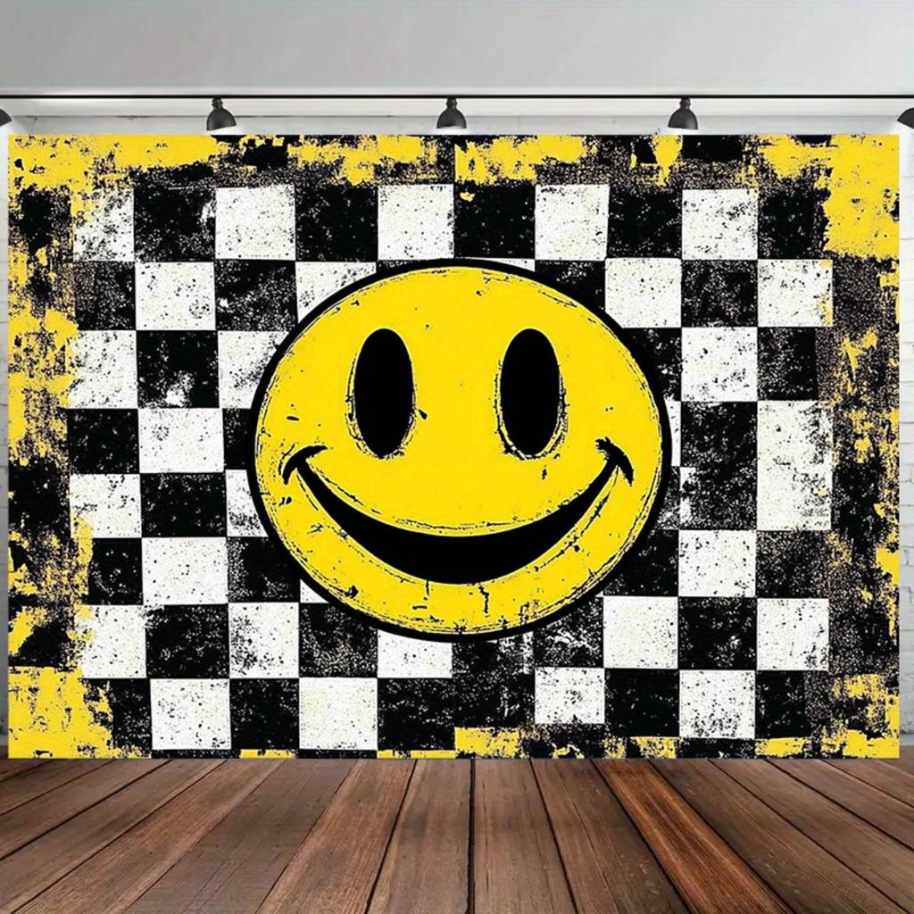 2D graphic design, one large smiling face background cloth, suitable for parties.PMJ