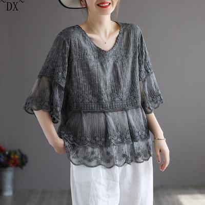 DX~~~ Кружевная женская футболка из хлопка и льна с рукавами пятью точками;Новая летняя свободная тонкая блузка в стиле ретро с вышивкой
