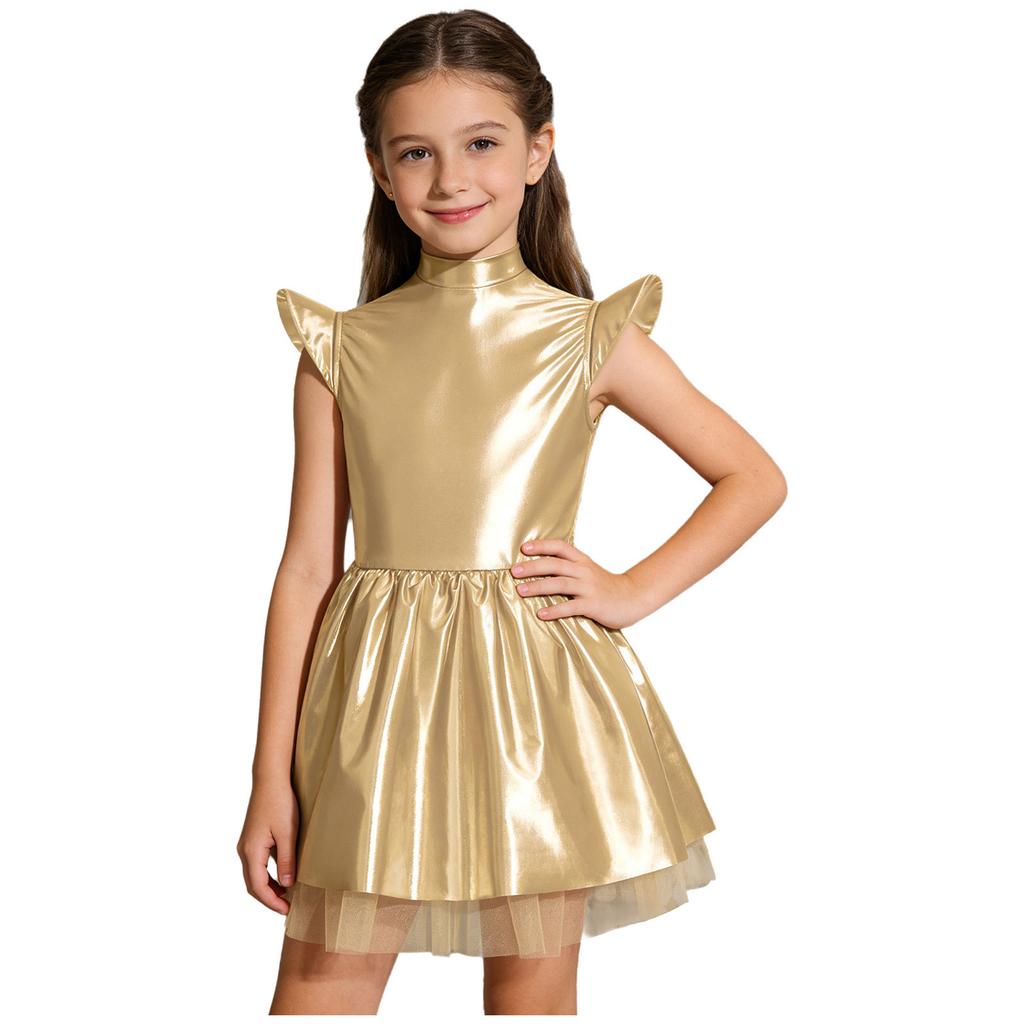 Переливающееся инопланетное платье-пачка для девочек, Блестящий костюм с воротником-стойкой, летящими рукавами и молнией на спине, Для сценических выступлений и вечеринок