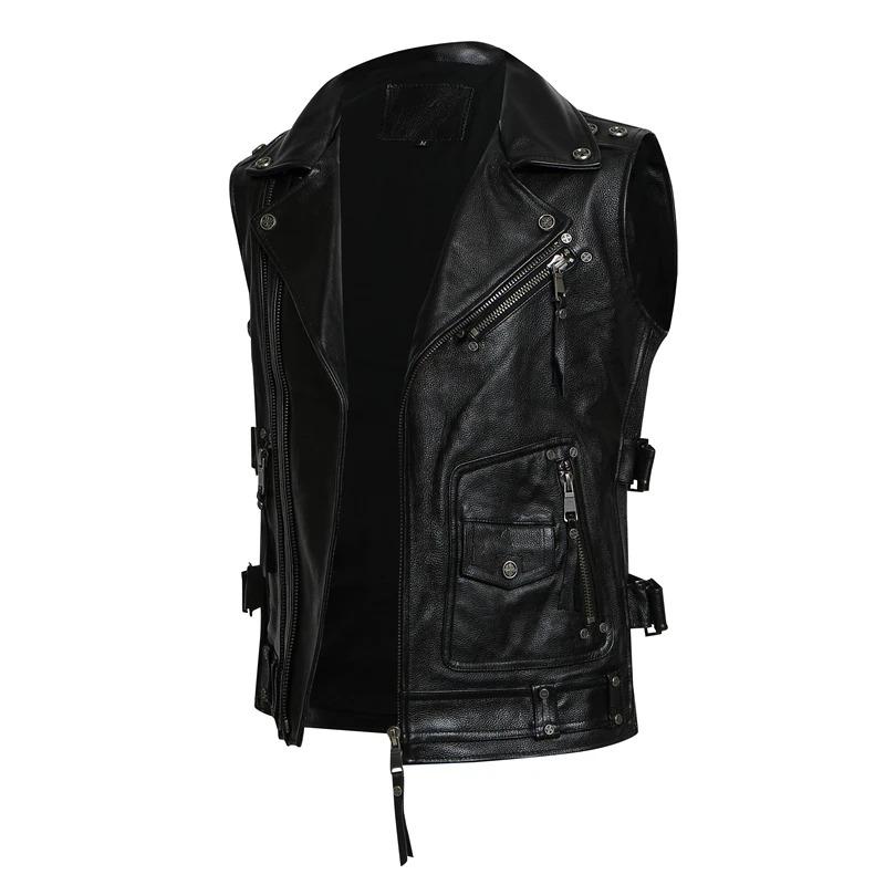 Китайский размер байкерский жилет верхний слой коровьей кожи жилет мужской тонкий короткий мотоциклетный костюм куртка для верховой езды без рукавов настоящий коровий клубный жилет