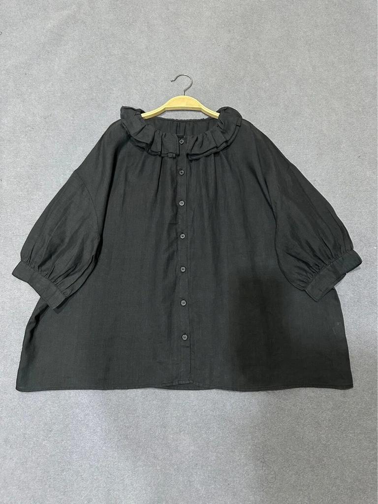 Johnature Летние японские женские рубашки с оборками и воротником, винтажные повседневные однотонные блузки с половиной рукавов