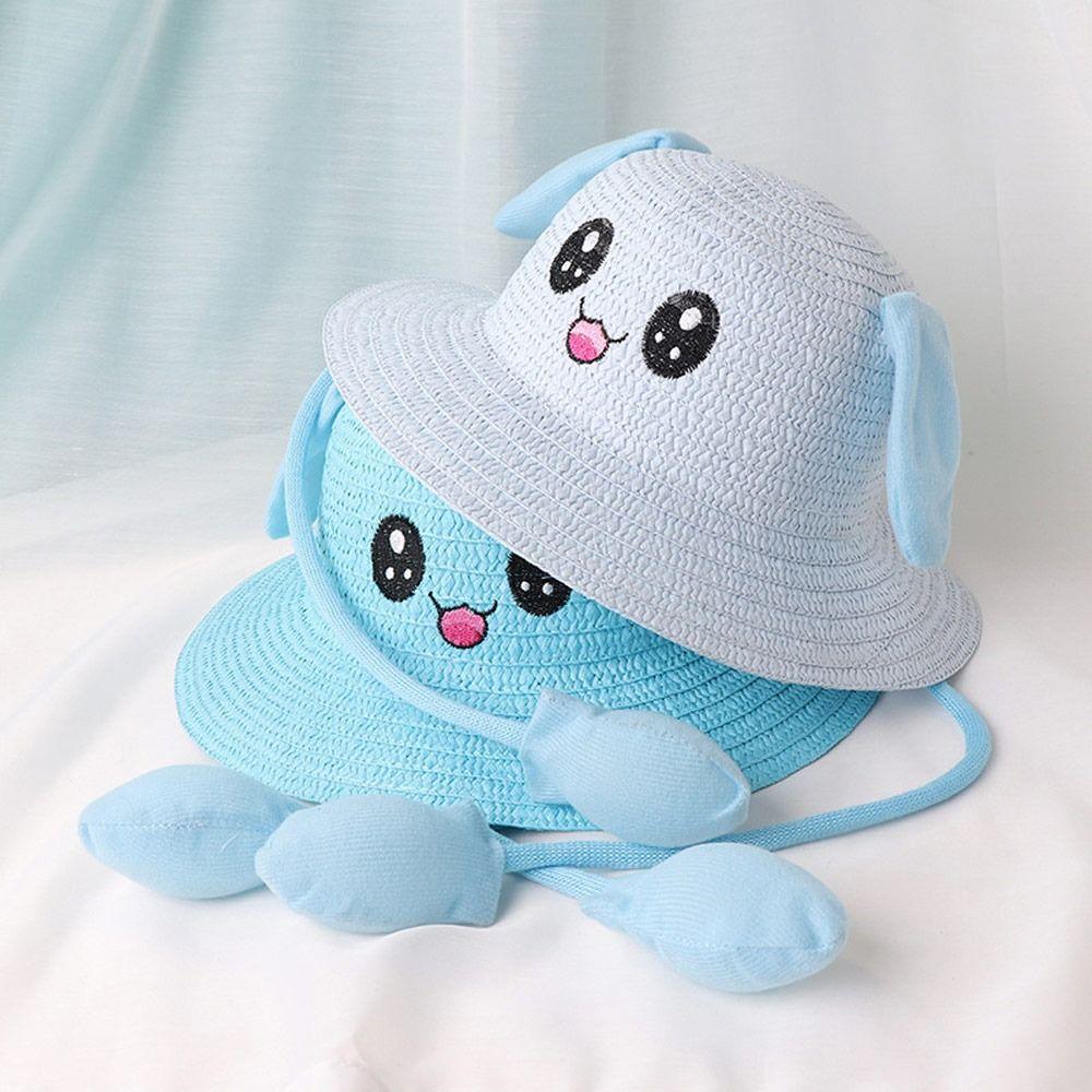 Летние детские соломенные шляпы с двигающимися ушками, широкополая шляпа от солнца, пляжная шляпа, детская панама для улицы, шляпа рыбака