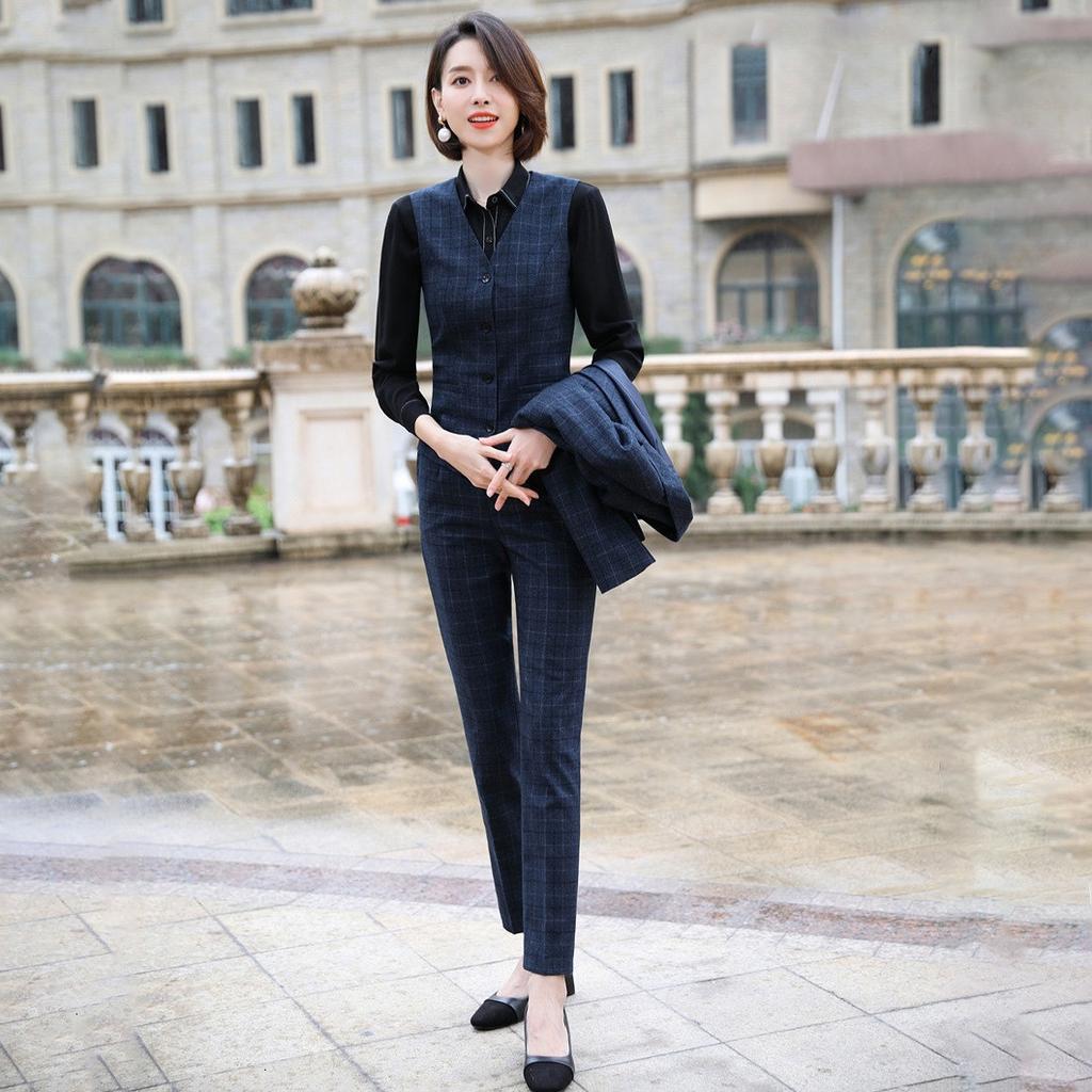 Женская деловая рабочая одежда, женские офисные профессиональные блейзеры OL, модный клетчатый костюм из 3 предметов, синее пальто + брюки + жилет