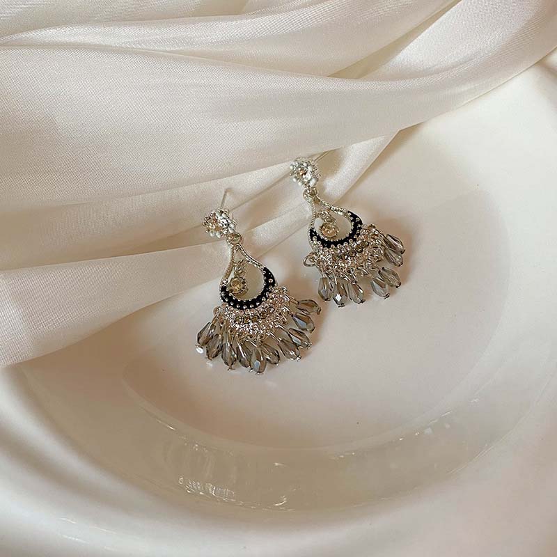 Серьги-кисточки в форме веера в стиле ретро с серыми кристаллами, простой преувеличенный дизайн, роскошные ювелирные изделия, подарки на вечеринку
