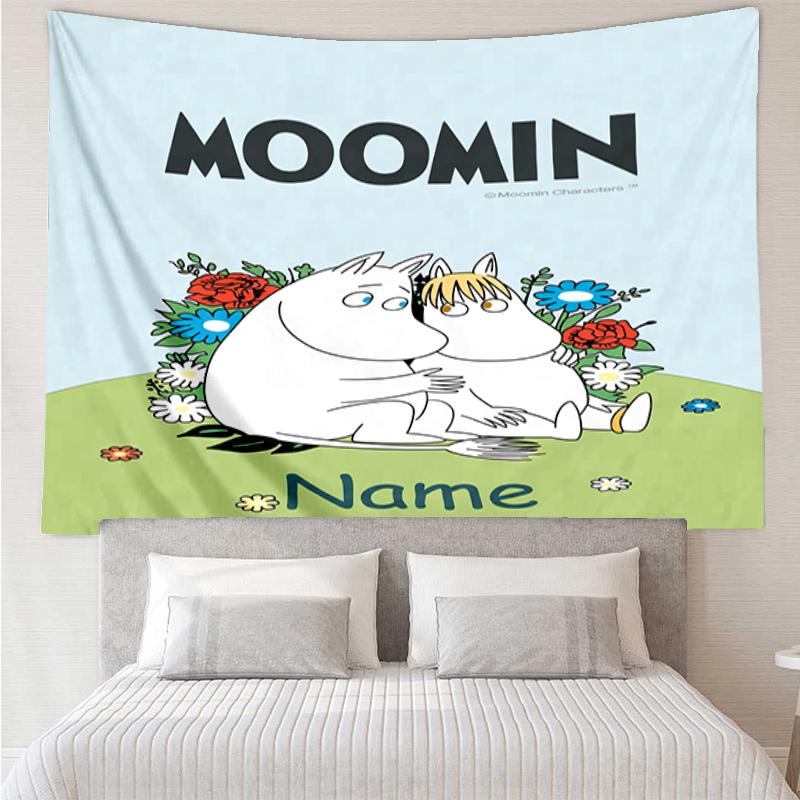 Custom Name Moomin Print Tapestry, Backdrop, Easy Setup, Ideal for Bedroom, Office & Living Room, with Aesthetic Wall Hanging Decor.