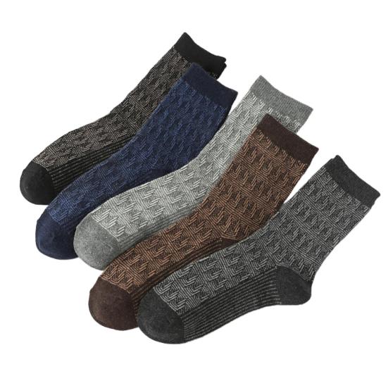 5 Pairs Men Winter Socks Mid-tube Thick Thermal Insulation Ethnic Style Home Bedroom Wear Floor Socks Colorblock Anti-slip Knitted Daily Wear Socks