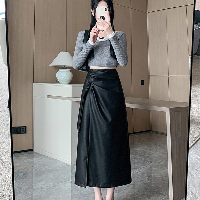Корейский стиль Высокая талия Узкая юбка А-силуэта Женская разрез средней длины Прямая юбка из искусственной кожи с разрезом