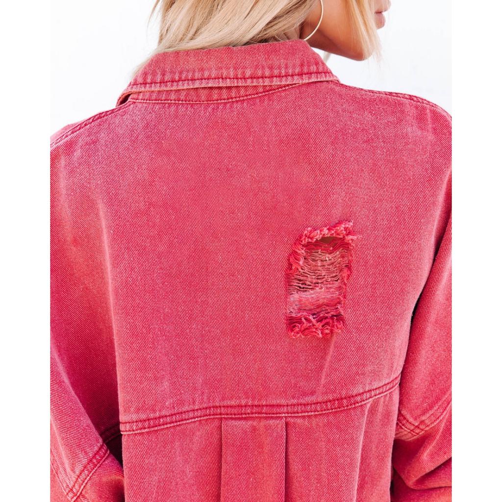 Lapel Long Sleeve Vintage Street Ripped Raw Edge Denim Jacket Women's