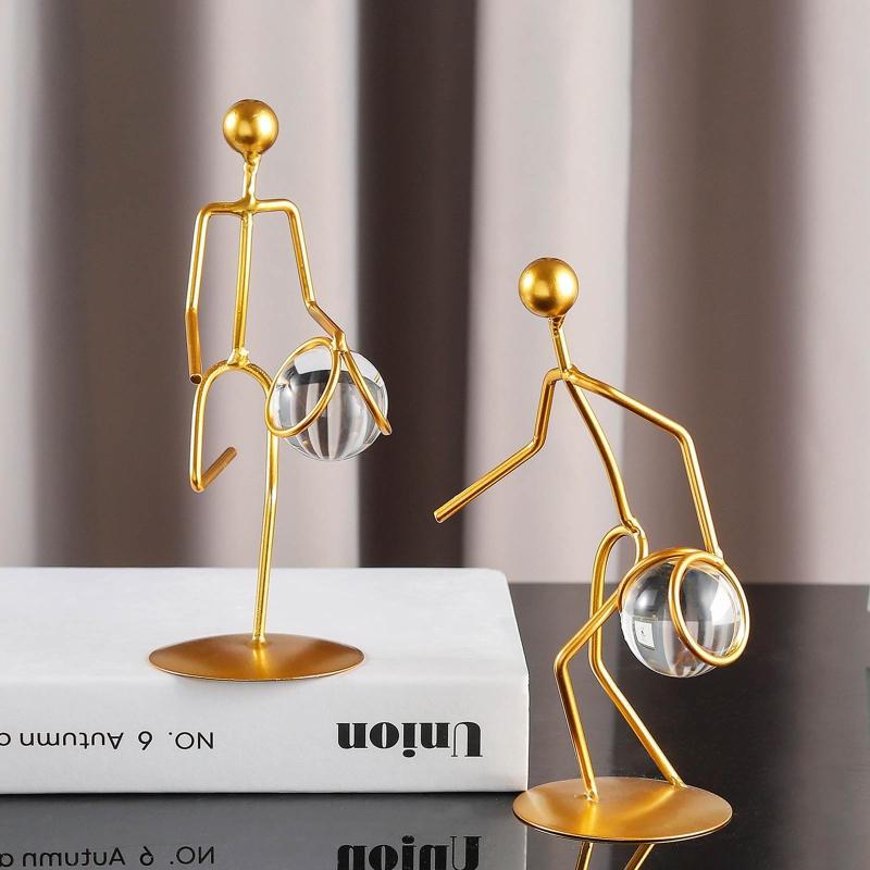 Athlete Crystal Ball Figurine Iron Gold Desktop Ornament Crafts Decor Supplies for Home Bedroom Living Room Desk Decor