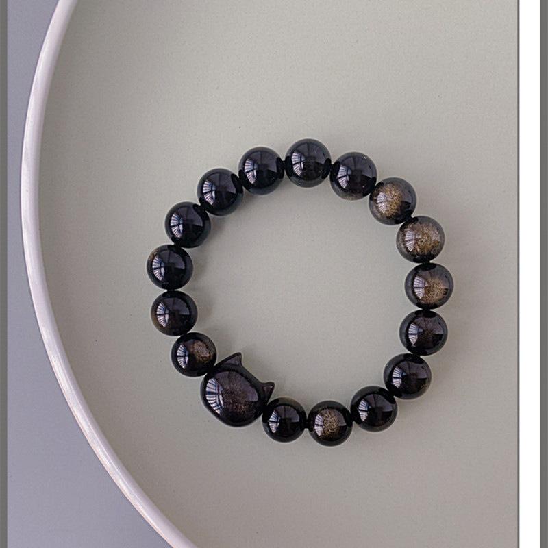 Скрытый Мой Друг: Браслет из натурального серебристого обсидиана с головой кошки для женщин - Милый, крутой и личный.