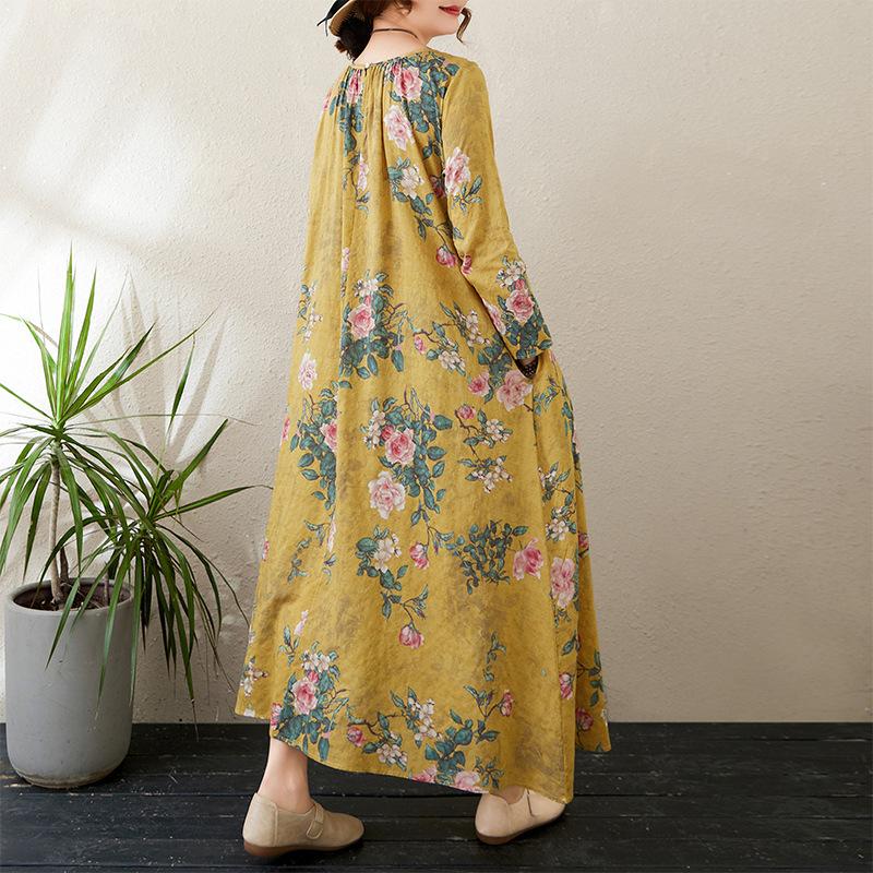 Осеннее литературное платье больших размеров с принтом, свободным круглым вырезом и длинными рукавами для женщин, платья