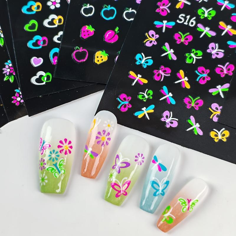 30 Sheets/Set 3D Glow In The Dark Neon Nail Stickers Glittery Glossy Self-Adhesive Nail Decorations With Butterfly Love Heart