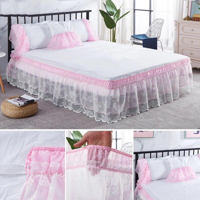 Two Layers Lace Bed Skirt Elastic Wrap Around Bed Cover Without Surface Bed Skirt Couvre Lit Twin/Full/Queen/King Size Bed Decor