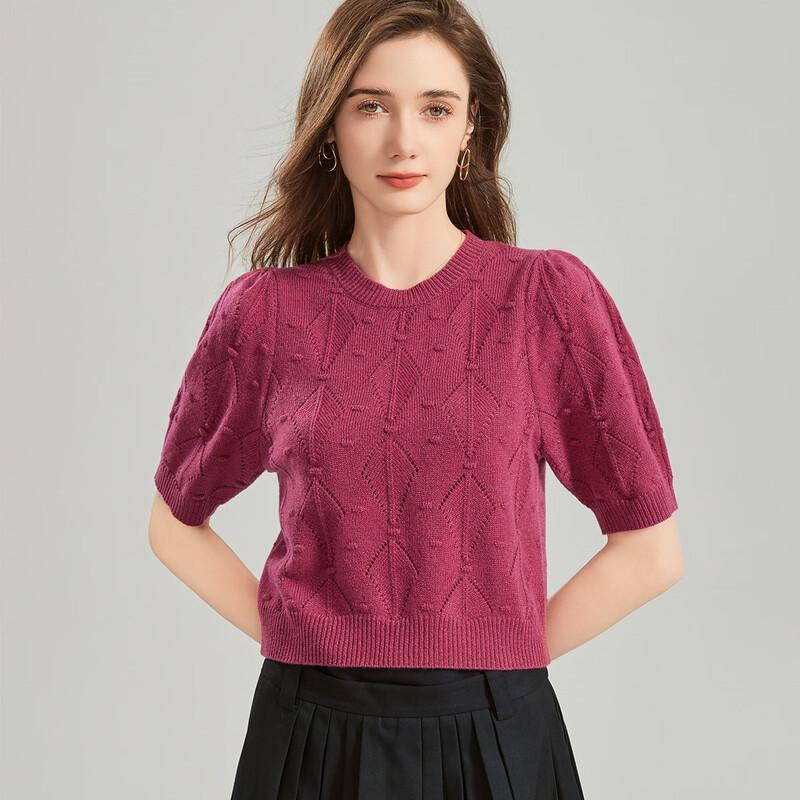 Snowforte Women's Wool-Blend Diamond Pattern Puff Sleeve Knit Top