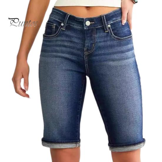 Женские джинсовые шорты длиной до колена, ретро-стиранные, облегающие, эластичные, с эффектом потертости, градиентные цвета, карманы, на пуговицах на талии, на молнии, женские джинсы на каждый день