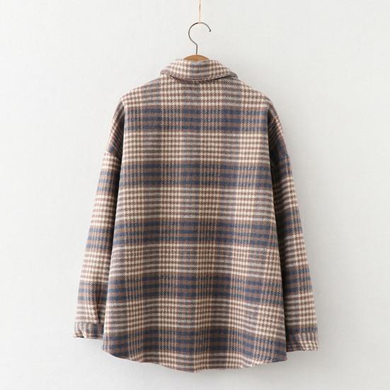 Lapel Long Sleeves Patch Pocket Single Breasted Woolen Coat Thickened Fluffy Lining Plaid Print Shirt Jacket Outerwear