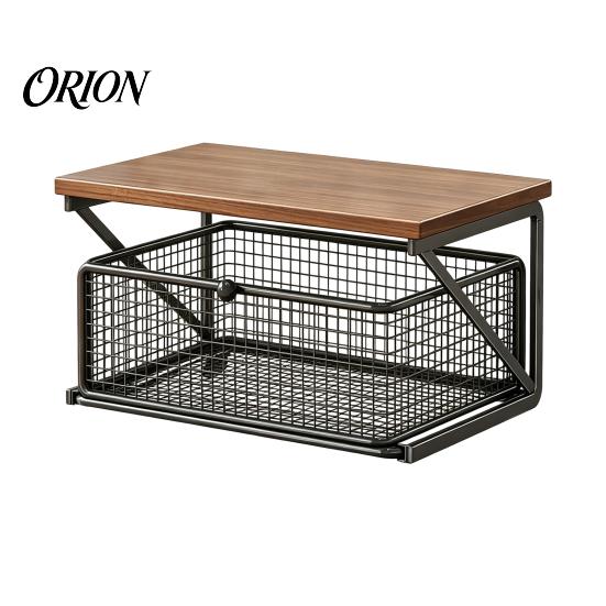 Dust Proof Storage Drawer Coffee Station Organizer with Drawer, Tiered Bar Organizer, Wooden Top Shelf, Small Desktop Furniture Wire Mesh Drawers for