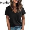 Весенне-летняя женская модная футболка с карманом и v-образным вырезом, разрезом на плечах и короткими рукавами, женская одежда