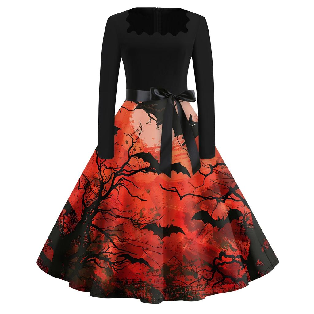 Платье с расклешенным принтом на Хэллоуин для женщин, платье с длинным рукавом, полые вечерние повседневные платья