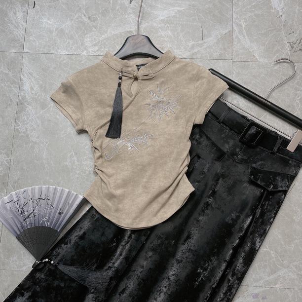 Футболка женская Thirteen Lines 2024 в китайском стиле с вышитыми пуговицами, короткий топ