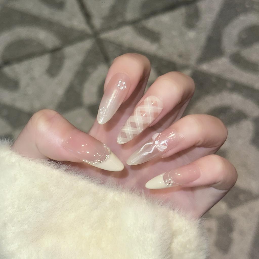 Temperature Manicure Wear Nail Handmade Sweet Nude Color French Bow Fake Nail Patch