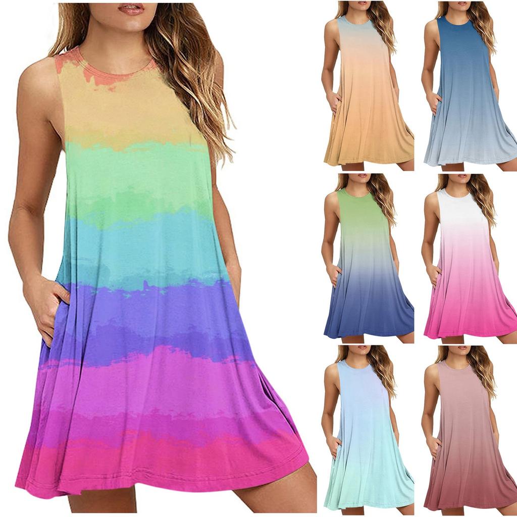 Women's Fashion Casual Round Neck Printed Sleeveless Sexy Pocket Dress