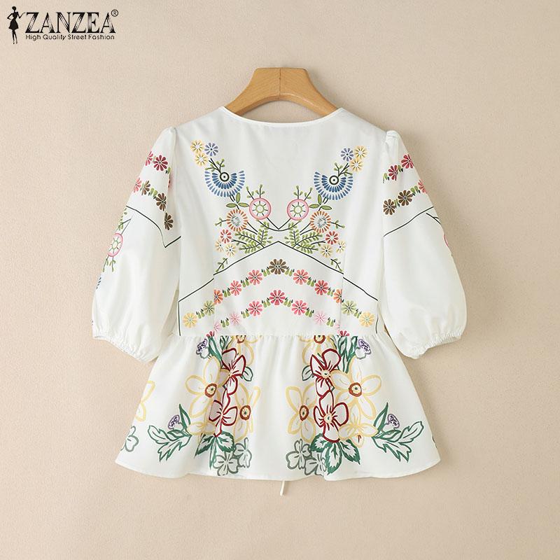 ZANZEA Женская повседневная блузка с принтом на шнуровке, V-образным вырезом и коротким рукавом
