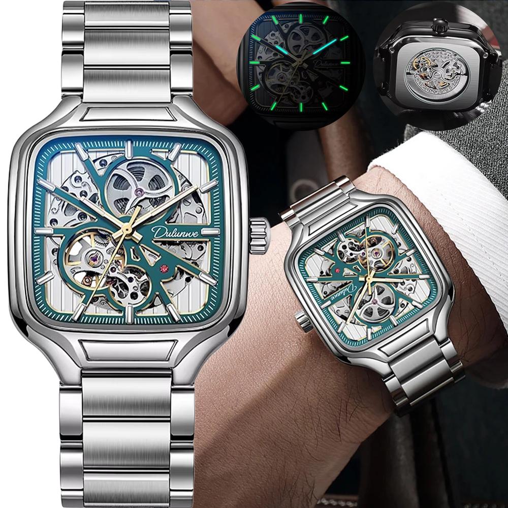 Trend Silver Watches Square Dial Stainless Steel Luxury Hollow Skeleton Mechanical Watch Waterproof Male Gifts Reloj Automático