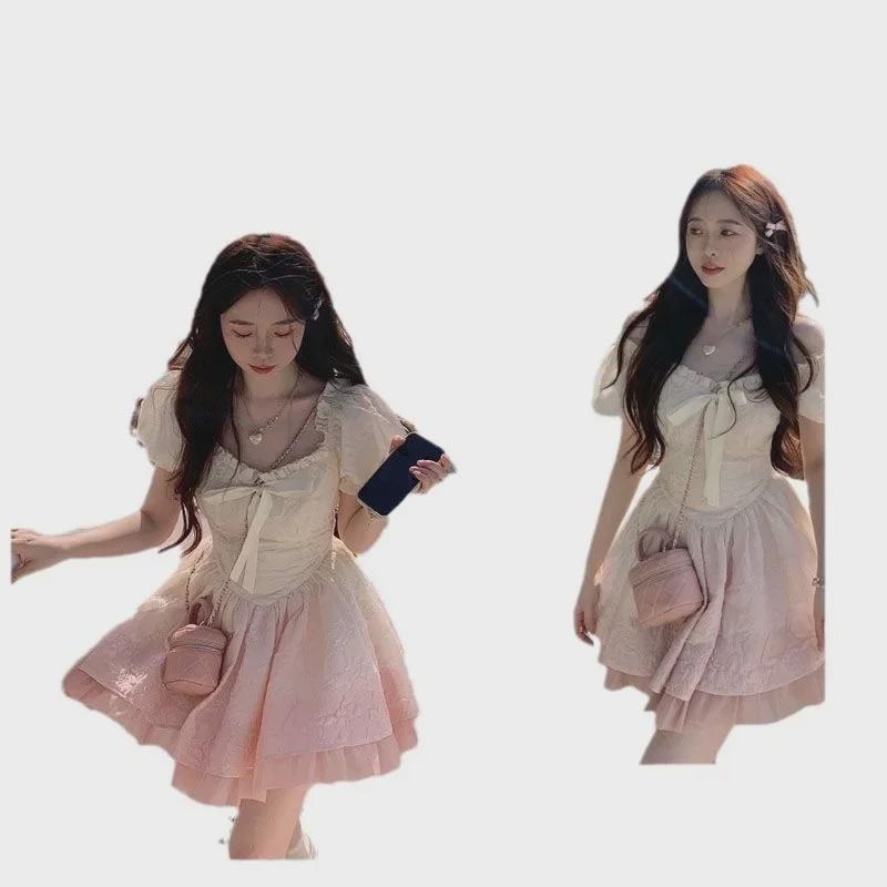 2025 Sweet Gradient Princess Puffy Dress - French Summer Style, Slim Waist