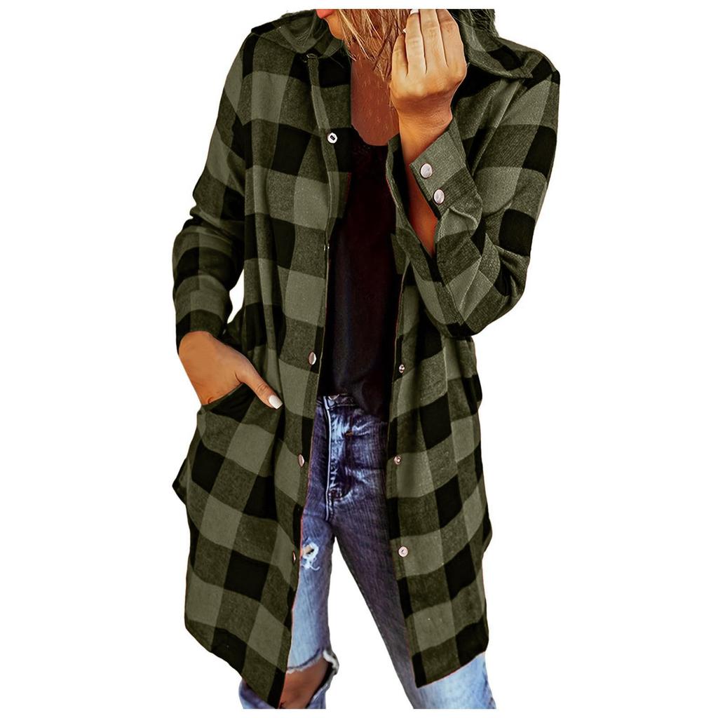 Модные женские повседневные карманы с решетчатым принтом и длинными рукавами, куртка, пальто