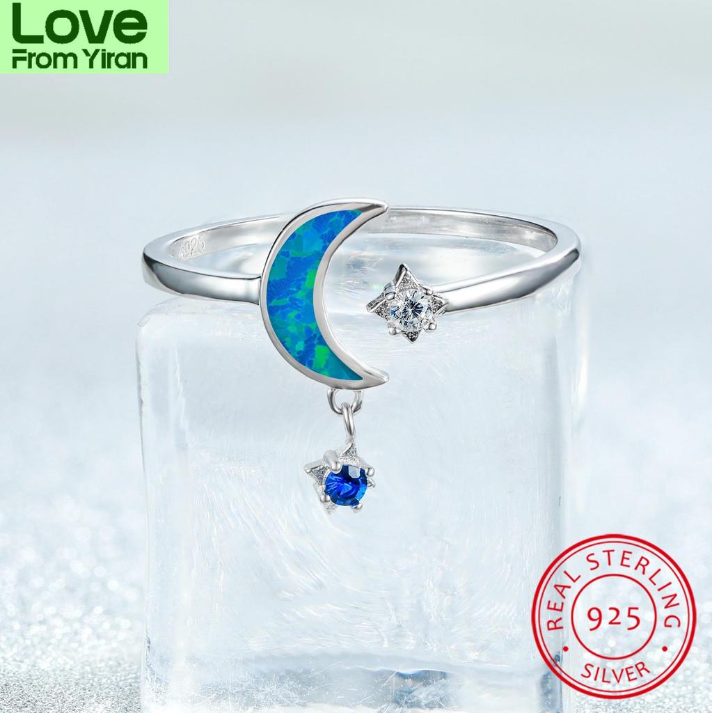 Cute Small Star Moon Ring 925 Sterling Silver Rose Gold Blue Fire Opal Rings For Women Blue Stone Dangle Wedding Thin Ring Band