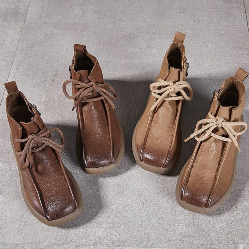 Johnature Retro Short Boots Women's Shoes Genuine Leather Round Toe Lace-up Versatile Flat Ankle Boots