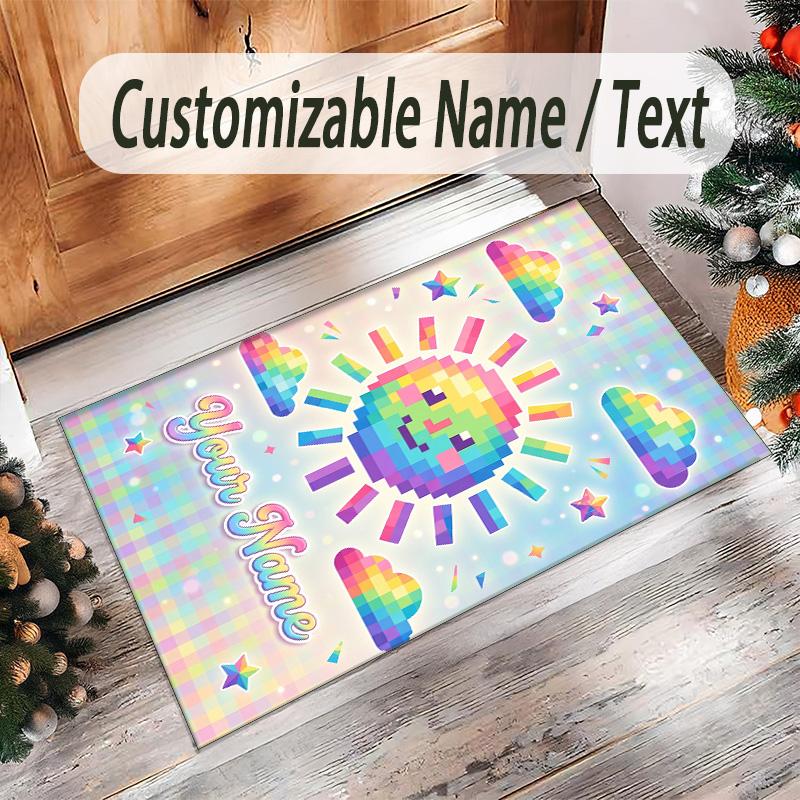 Rainbow Theme Crystal Velvet Floor Rug Personalized Custom Name Text Warm Carpet Home Decoration