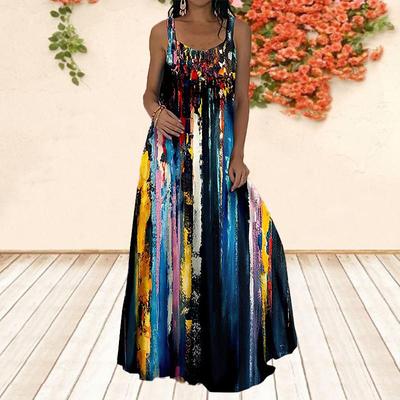 Женское платье-комбинация Длинное платье макси Синее платье с принтом граффити Весна и лето с v-образным вырезом Для отдыха и отпуска