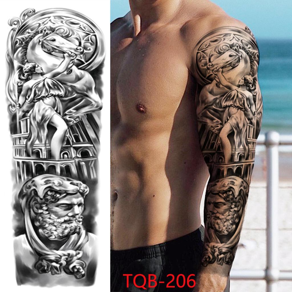 New 1 PC 480*170MM Super Large Compass Wolf Head Eye Fake Lion God Feather Temporary Tattoo Sleeves For Men Women Tattoo Full Arm Tattoo Sticker