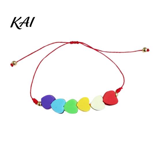 Lightweight Soft Clay Accessory Colorful Hearts Bracelet, Handmade Braided Cord String Adjustable Boho Style Woven Bracelet Heart Shaped Beads Jewelry