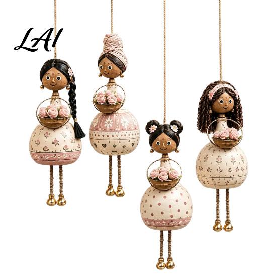 Vintage Dancing Girl Hanging Pendant Hand‑Painted Folk Style Ornament Ethnic Doll with Bell & Basket Rustic Art Resin Ornament Boho Wall