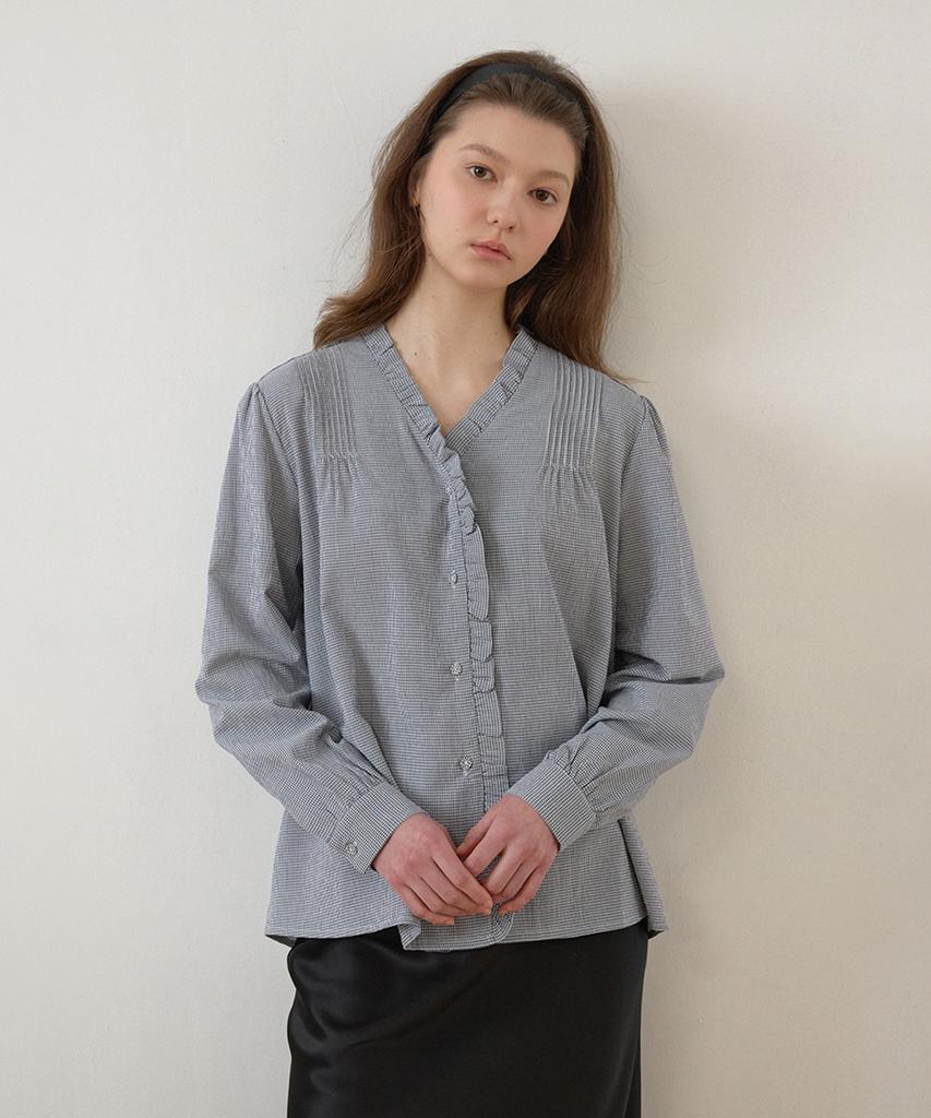 HANE Frill Loose Fit Blouse_Navy Check