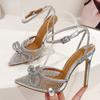 Fashion Glitter Rhinestone Design Luxury High-heeled Sandals Women Summer PVC Clear Pumps Sexy Bowknot CRYSTAL Pointed Toe High Heels