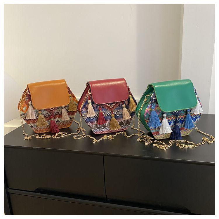 Ethnic Style Small Bag for Women Summer Chain Crossbody Bag Stylish Casual Tassel Fashion Small Square Bag