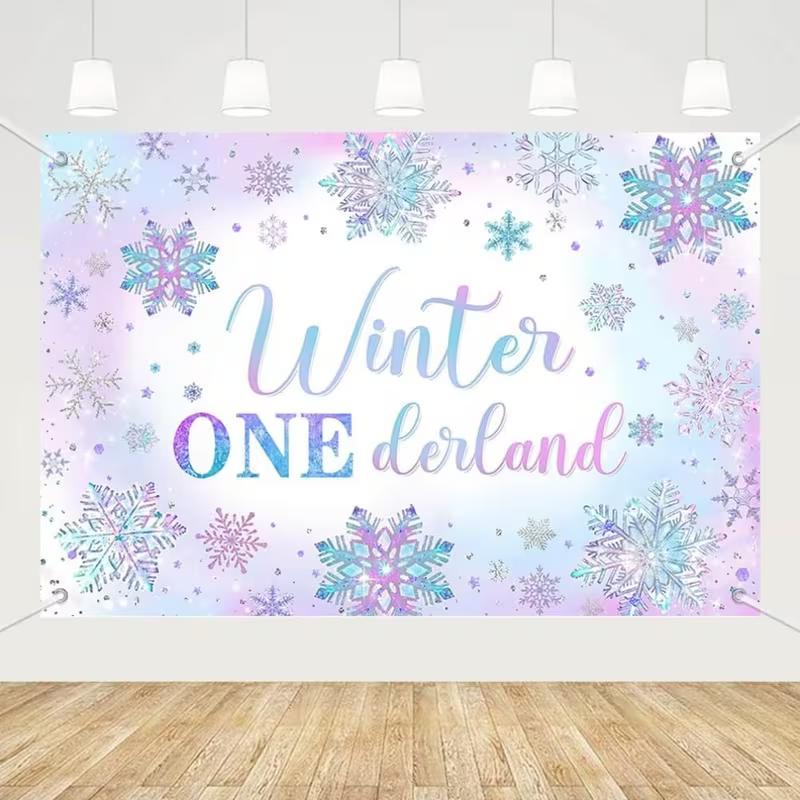 2D Printing Winter ONEderland Backdrop, Glitter Pastel Snowflake 1st Birthday Decor