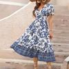 Женское платье миди с V-образным вырезом и короткими рукавами-фонариками в тон с цветочным принтом, с высокой узкой талией, трапециевидной формы, с большими качелями, для отпуска, выпускного вечера, летнего платья миди