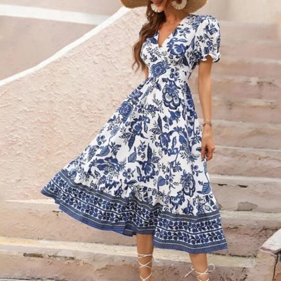 Женское платье миди с V-образным вырезом и короткими рукавами-фонариками в тон с цветочным принтом, с высокой узкой талией, трапециевидной формы, с большими качелями, для отпуска, выпускного вечера, летнего платья миди