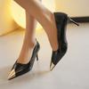 Новые Сексуальные Женские Туфли-Лодочки на Высоком Каблуке Стилет Гусиная Лапка Цветовая Блокировка Металлический Острый Носок Свадебные Женские Черные Каблуки Вечерние Туфли