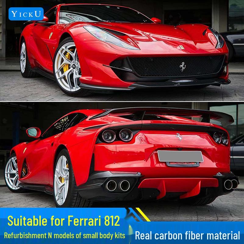 Fits Ferrari 812 N Models: Real Carbon Fiber Front Lip, Side Skirts, Center Lip, Rear Bumper Corners, Tail Wing Trim, Mirror Housings.