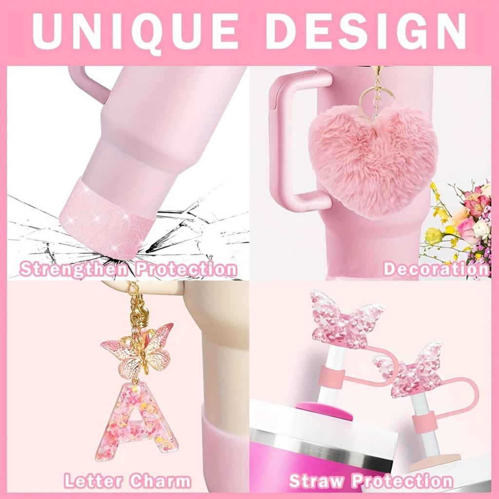 8pcs Cup Accessories for Cup 30oz 40oz Includes Butterfly Straw Cover Cap Silicone Boot Alphabet Handle Charm Initials Sticker